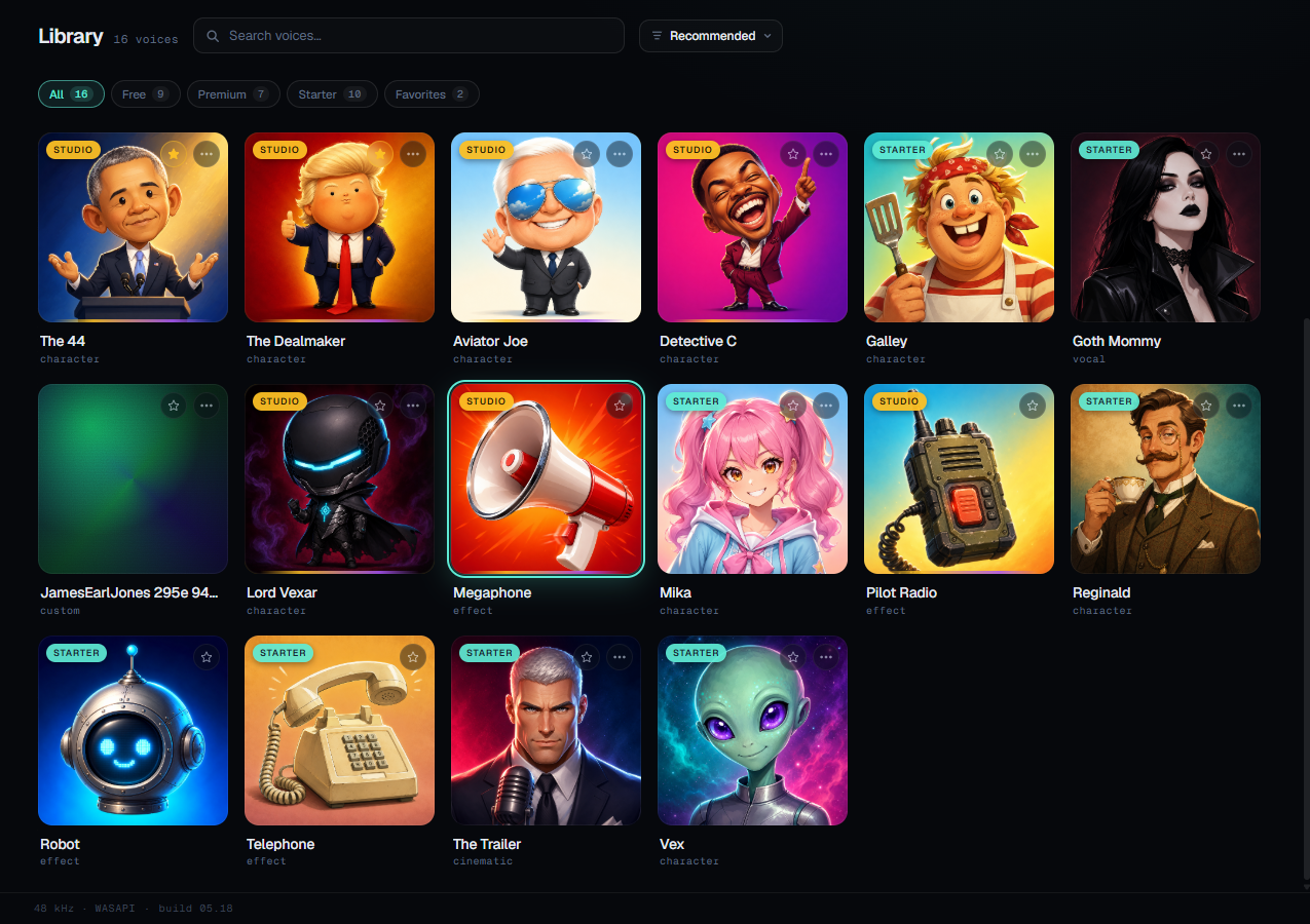 PhazeVox library — character voice grid with filter pills, premium ribbons, and favorited tiles